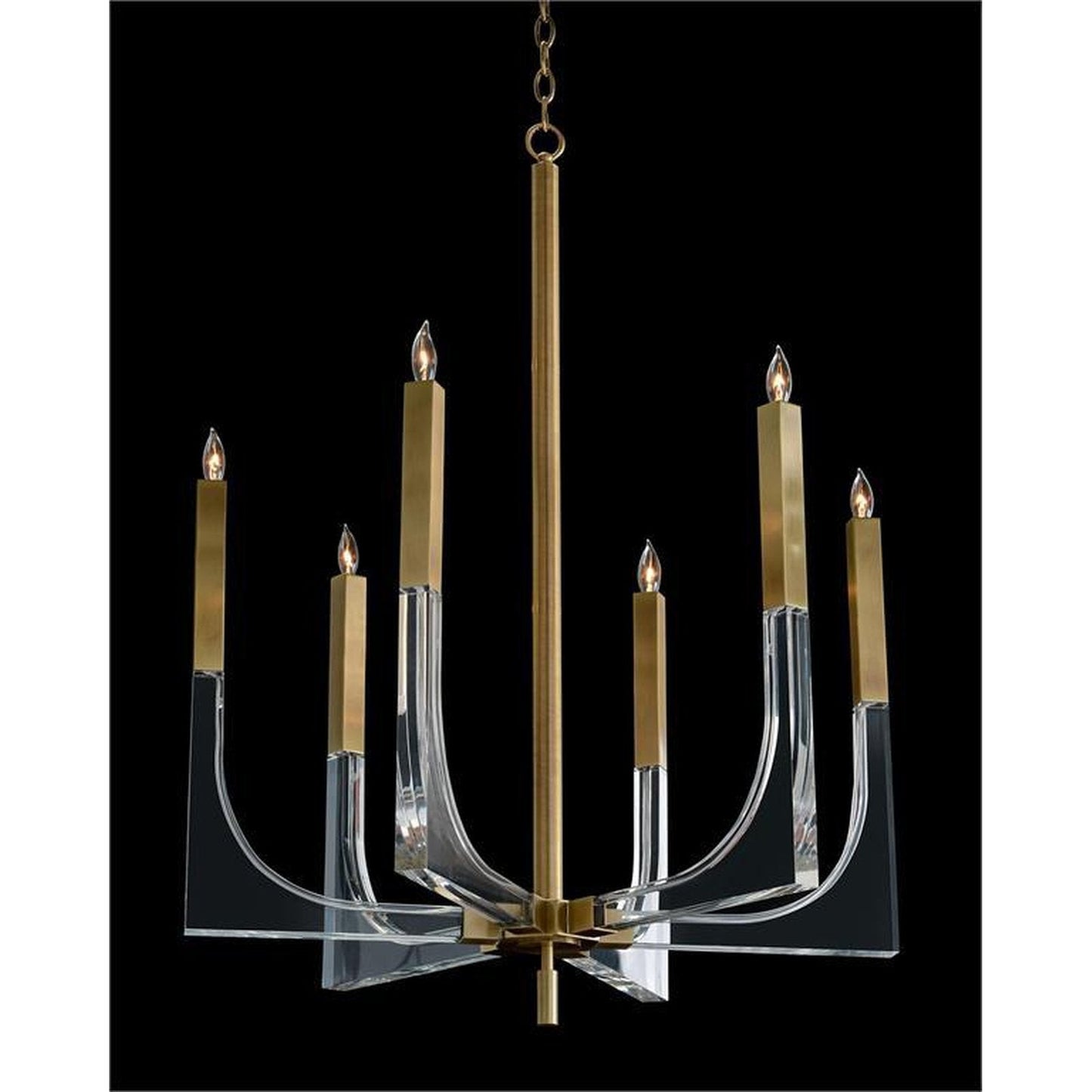 6-Light Acrylic and Antique Brass Chandelier / 30 Inch