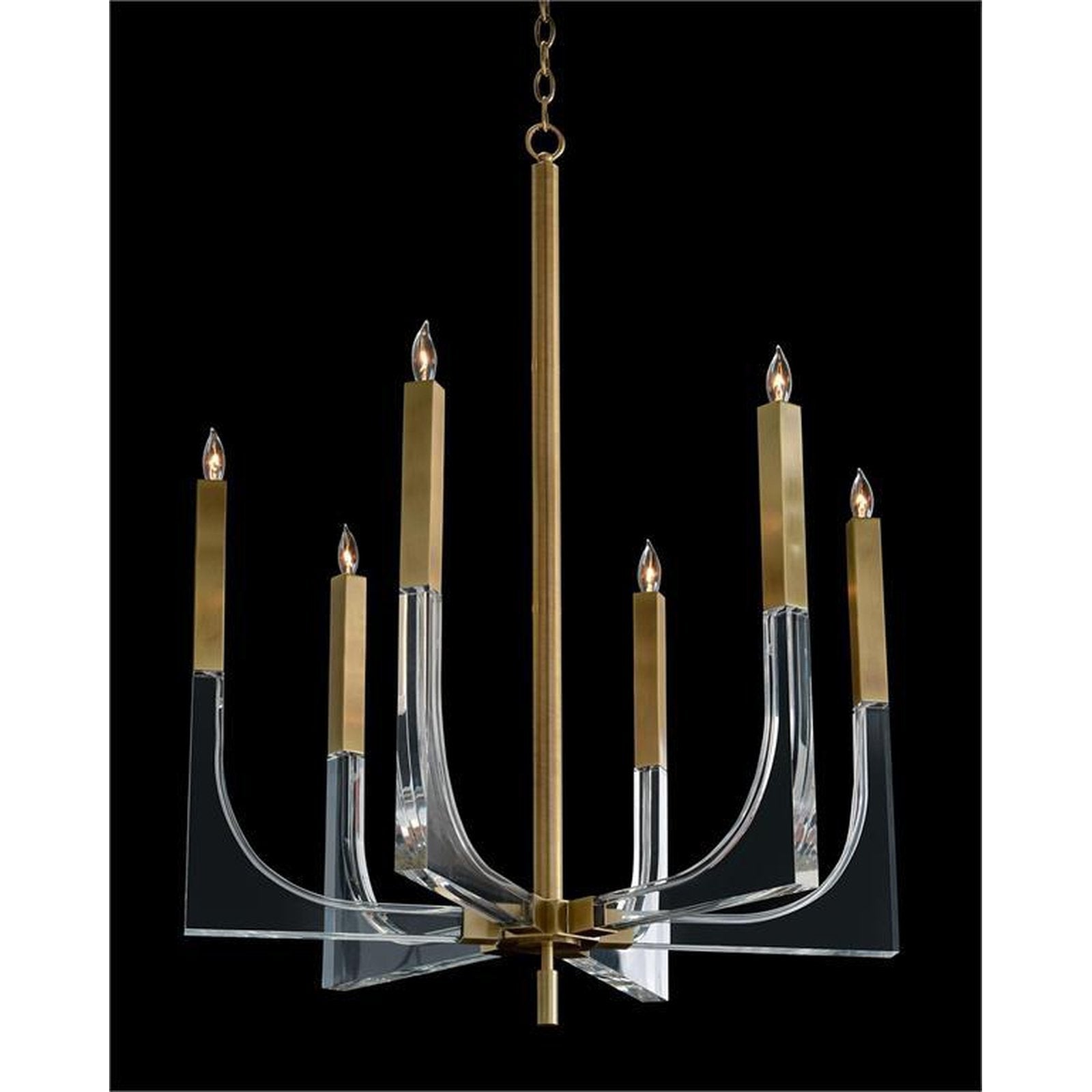 6-Light Acrylic and Antique Brass Chandelier / 30 Inch