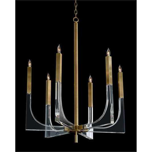 6-Light Acrylic and Antique Brass Chandelier / 30 Inch