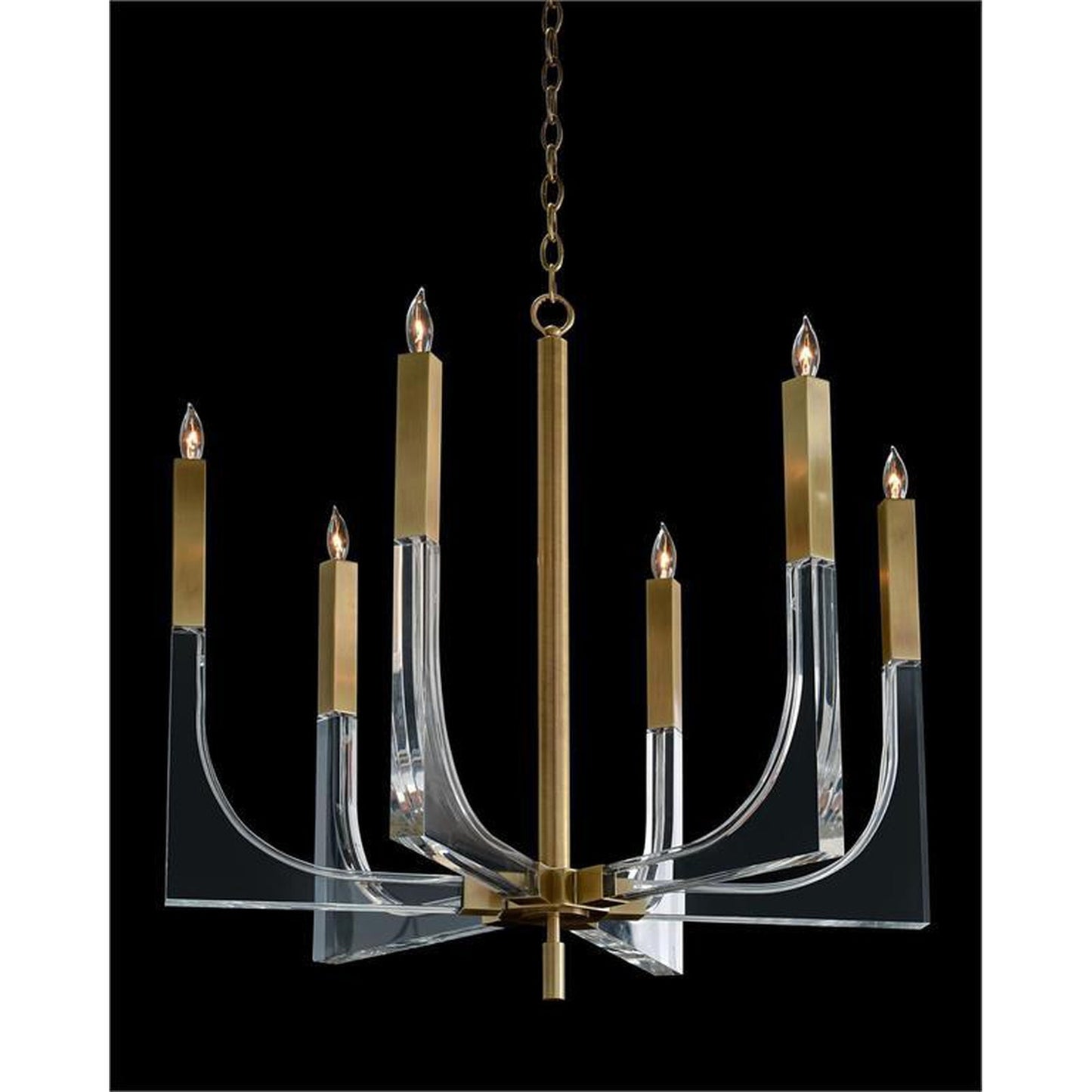 6-Light Acrylic and Antique Brass Chandelier / 41 Inch