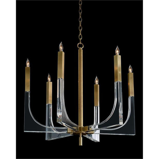 6-Light Acrylic and Antique Brass Chandelier / 41 Inch