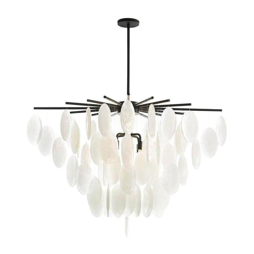 8-Light Seedy Glass Disc Chandelier / Blackened Iron, Frosted Seedy Glass
