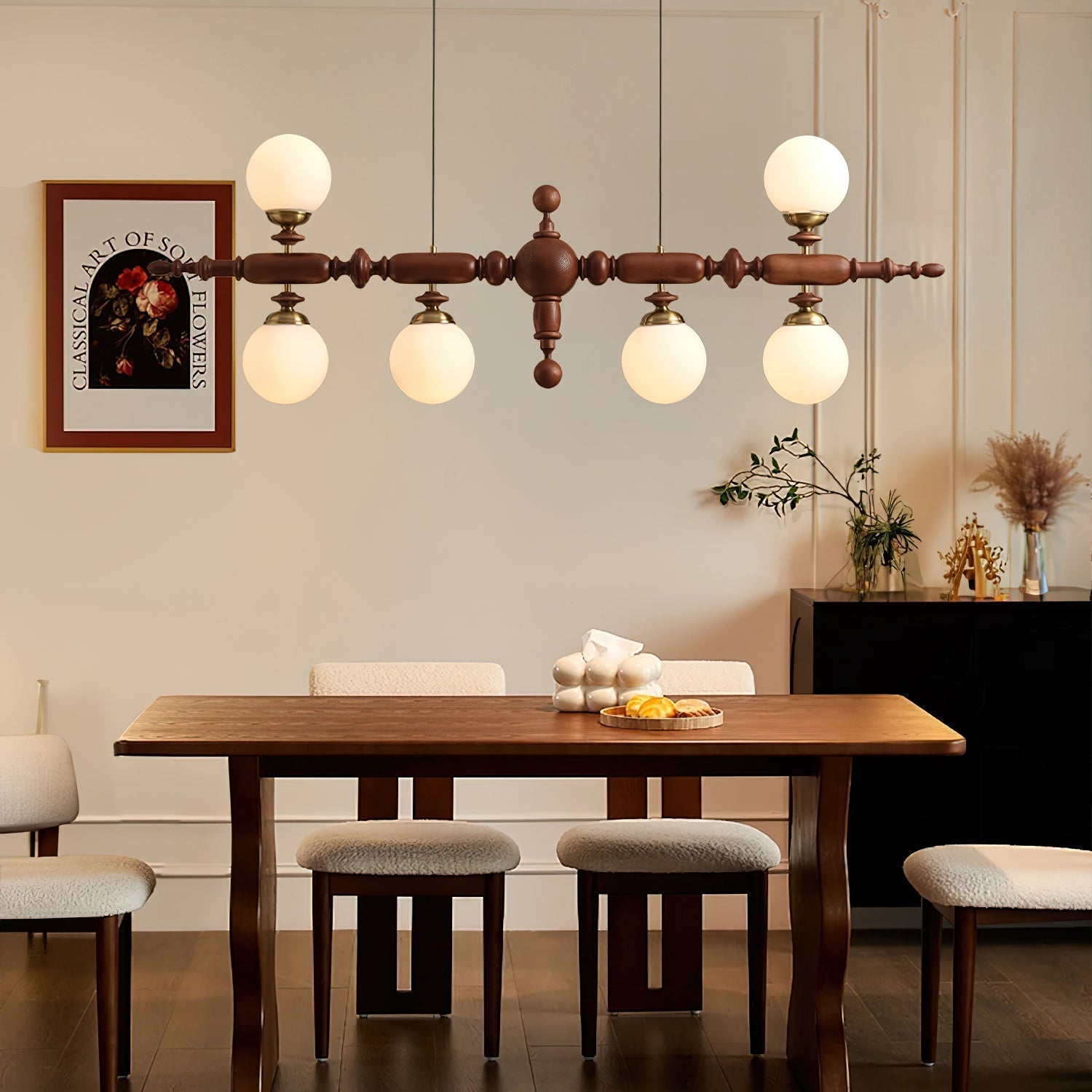 Linear Wooden Globe Chandelier / 2 Heads L 35" x H 15.7" / L 89cm x H 40cm / Black & Chrome