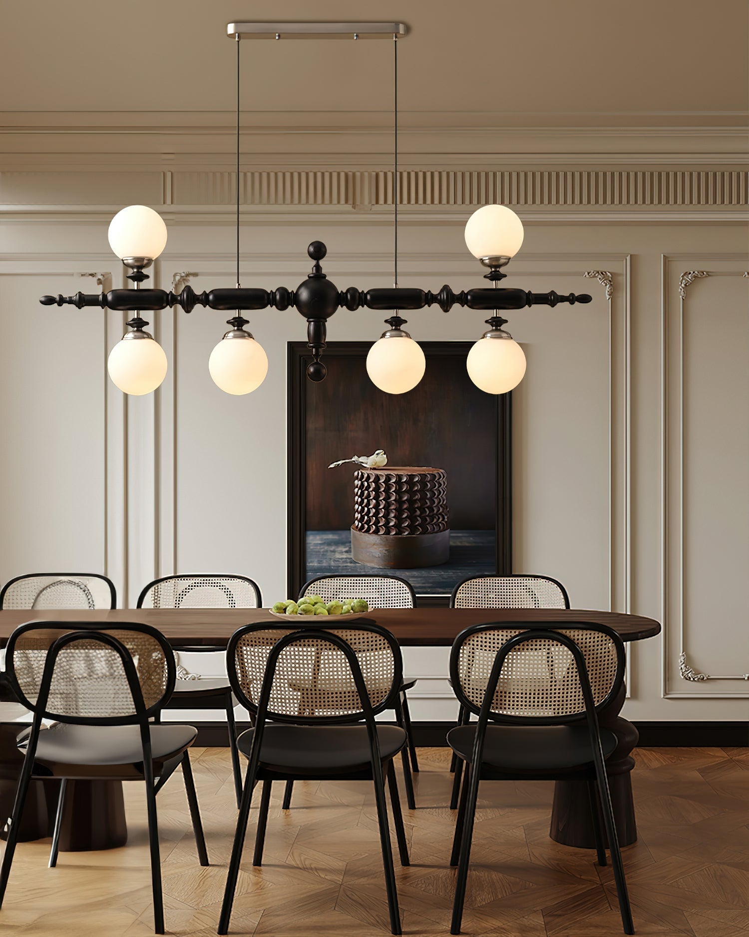 Linear Wooden Globe Chandelier / 4 Heads L54.7" x H 15.7" /  139cm x H 40cm / Walnut Color & Gold