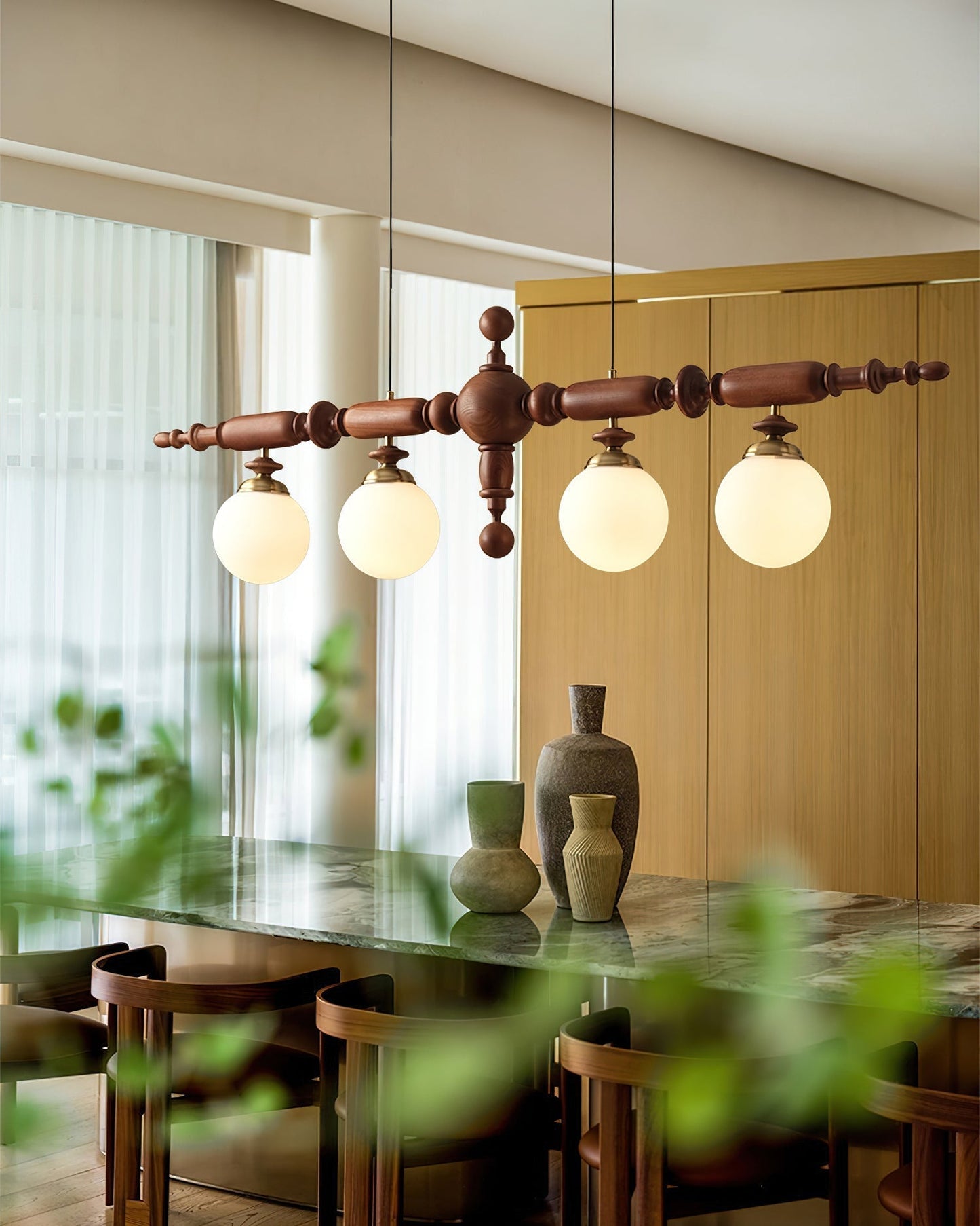 Linear Wooden Globe Chandelier / 4 Heads L54.7" x H 15.7" /  139cm x H 40cm / Black & Chrome