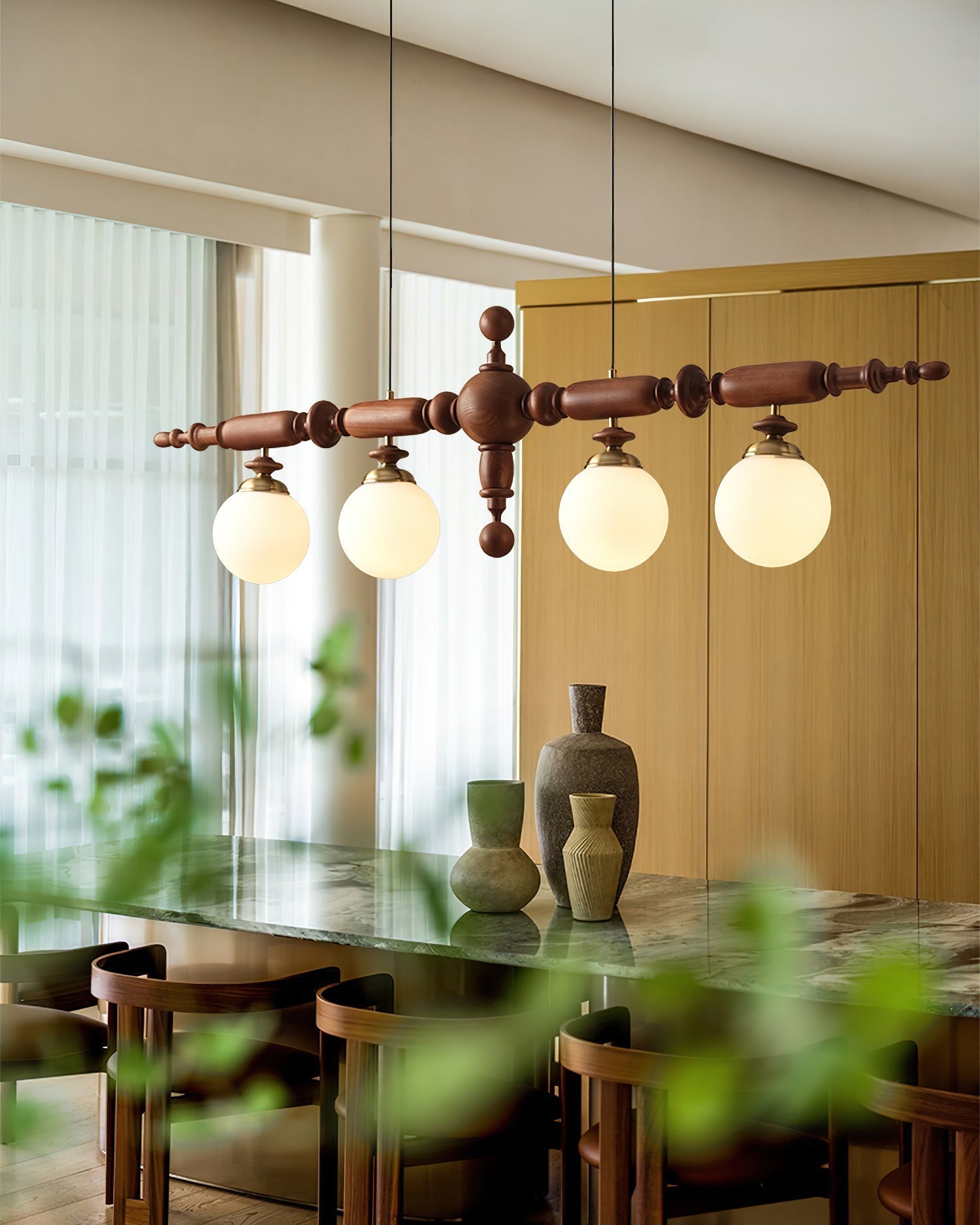 Linear Wooden Globe Chandelier / 4 Heads L54.7" x H 15.7" /  139cm x H 40cm / Black & Chrome