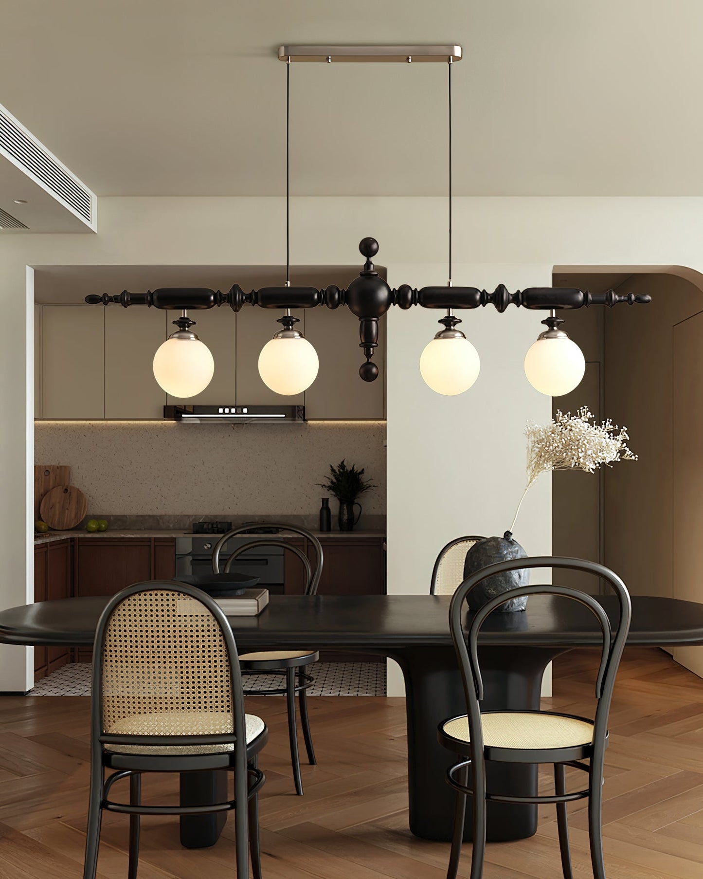 Linear Wooden Globe Chandelier / 6 Heads L 54.7" x H 19.7" / L 139cm x H 50cm / Walnut Color & Gold