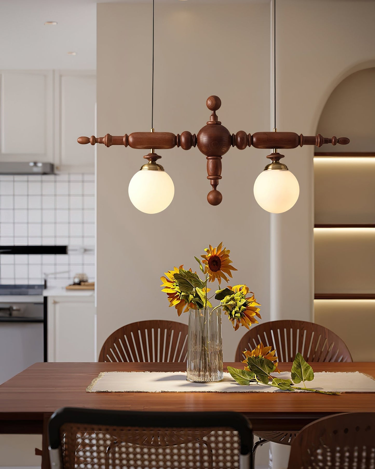 Linear Wooden Globe Chandelier / 6 Heads L 54.7" x H 19.7" / L 139cm x H 50cm / Black & Chrome