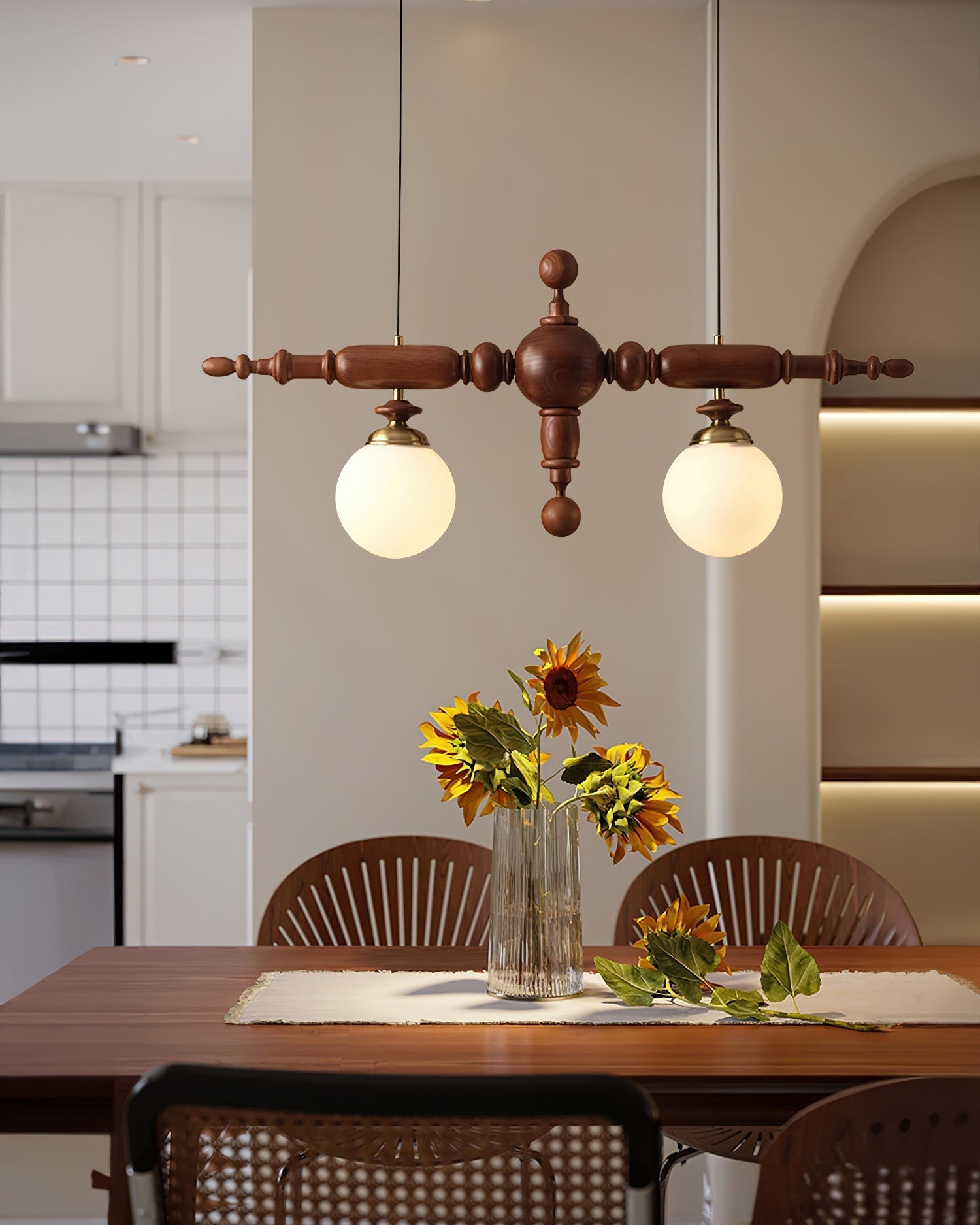 Linear Wooden Globe Chandelier / 6 Heads L 54.7" x H 19.7" / L 139cm x H 50cm / Black & Chrome